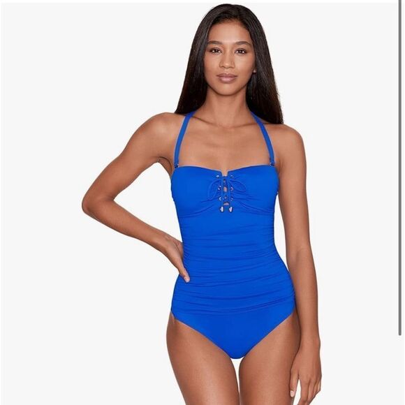 NWT Lauren Ralph Lauren Beach Club Solids Laced Bandeau One-Piece - Picture 1 of 9